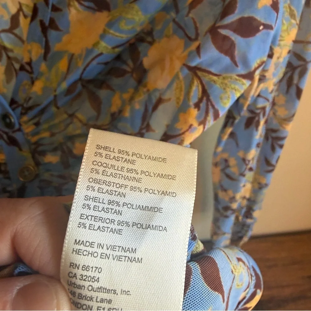 Free People Floral Mesh Button Front Shirt Blouse Top Brown Blue Small Sheer